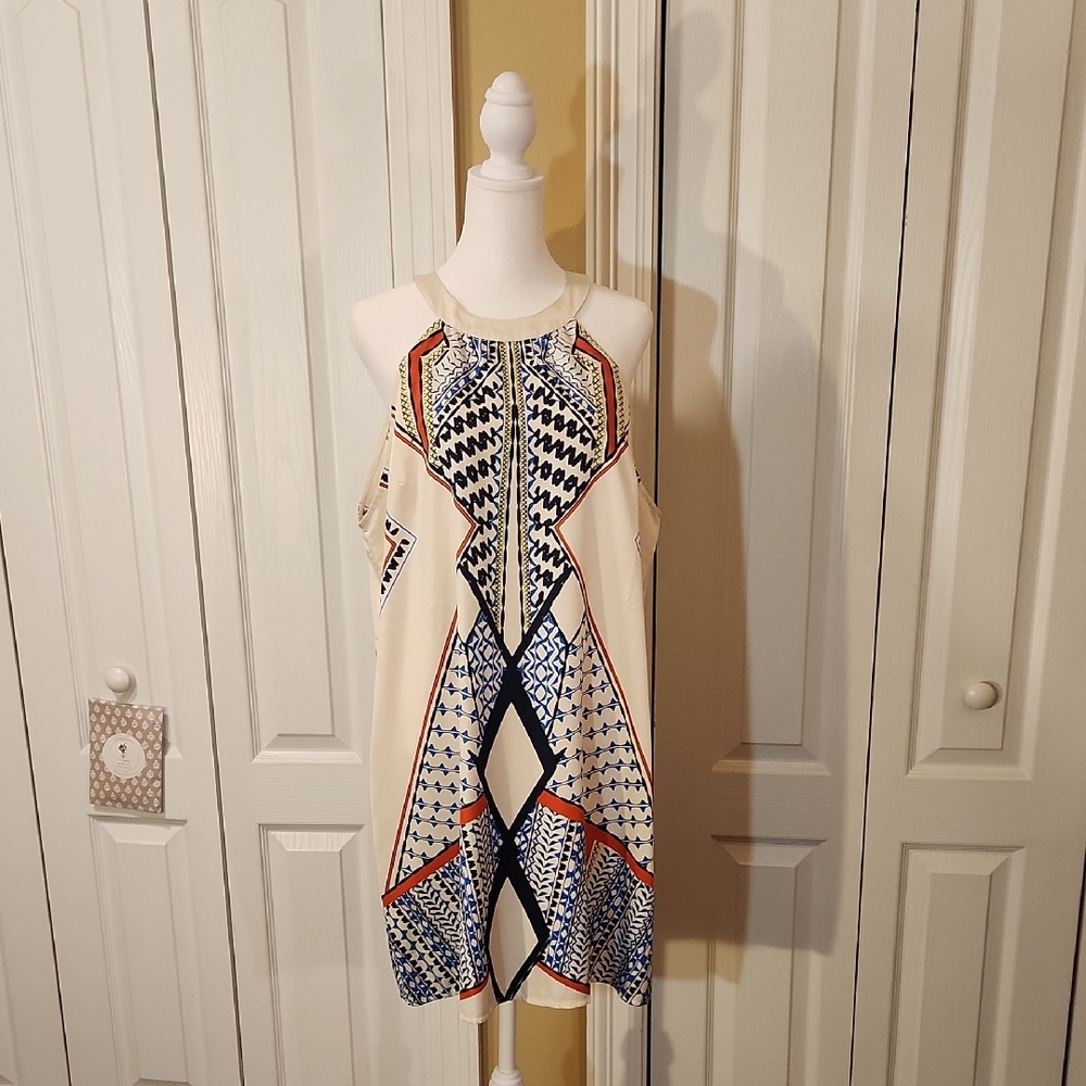 Geometric Patterned Dress in Cream and Blue